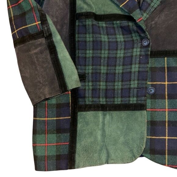 Vintage women 20W Brandon Thomas Plaid Suede Patchwork Blazer Jacket Green Blue - Picture 8 of 12